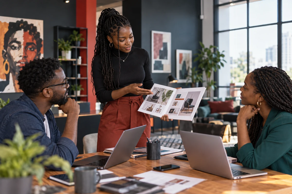Une alumni présente son portfolio à deux professionnels