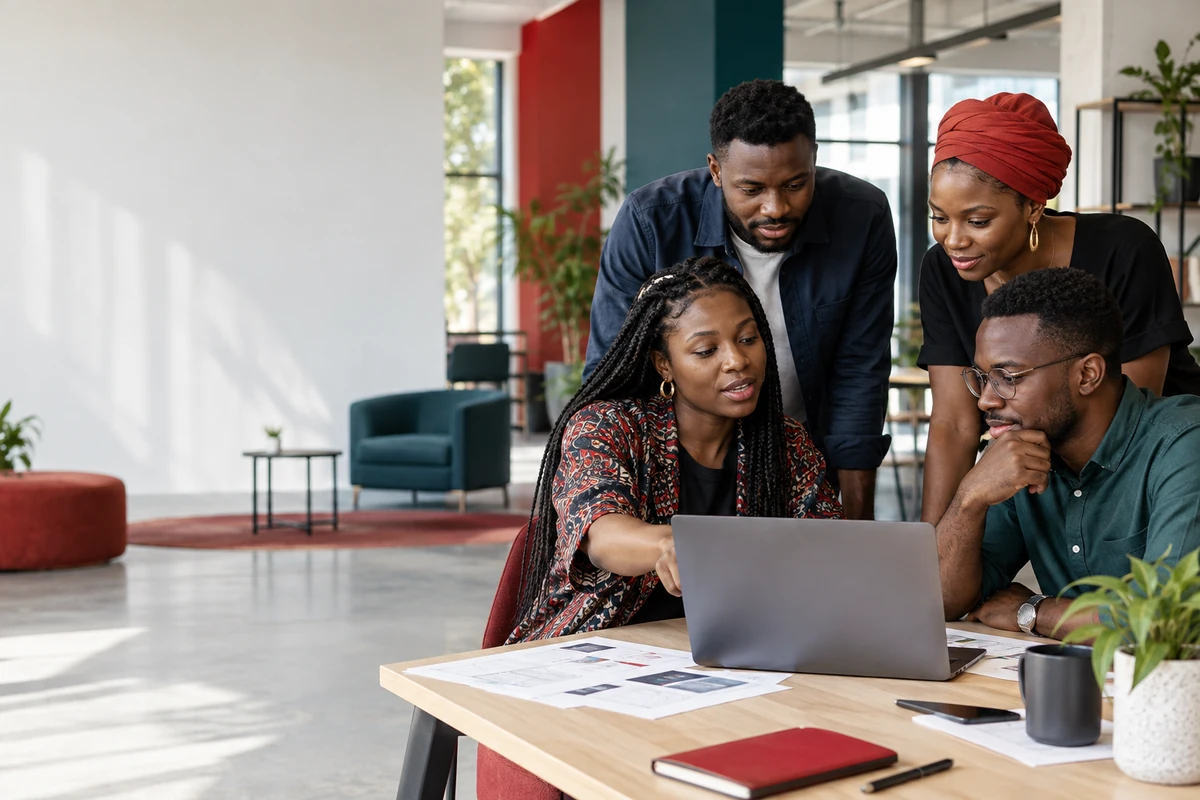 Quatre professionnels africains collaborent dans un espace de travail contemporain